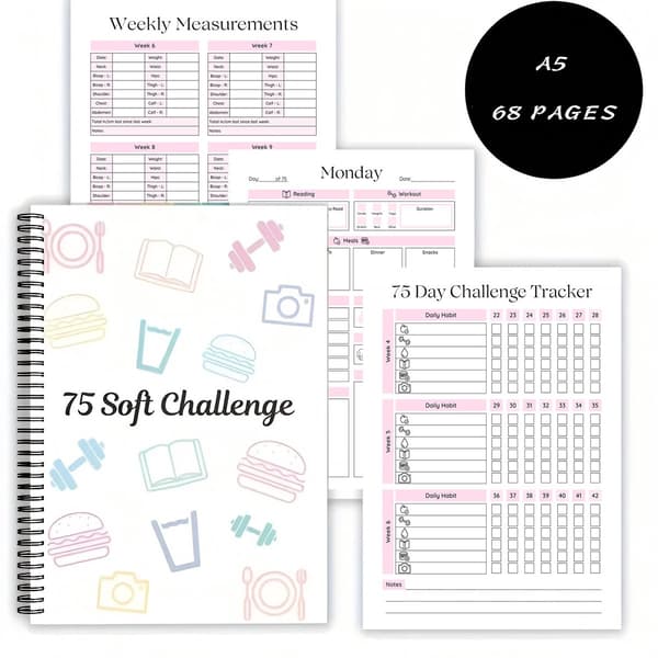 75 Soft Challenge Journal, 70-siders Daglig Planlægger og Fitness Vane Selvkærligheds Tracker, Regnbue Spiralindbundet Notesbog til Kvinder