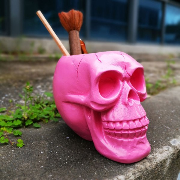 för Creative Pink Skull Ornament Skeleton Pen Holdare Desktop Pencil Organizer Makeup Borste Förvaring