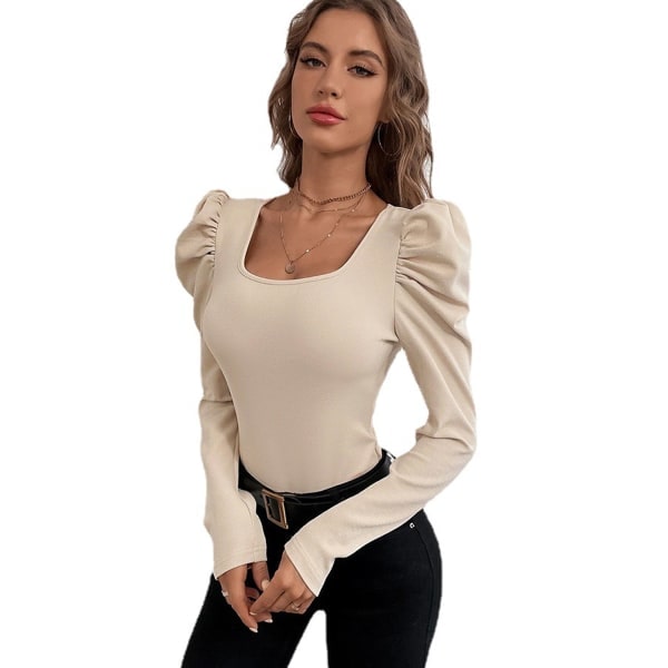 Kvinnors enfärgad rund hals Puff långärmad Slim Fit T-shirt toppar