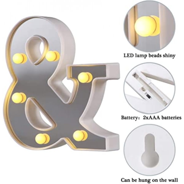 LED-bokstavslampor 26 alfabet lysande bokstäver skylt perfekt för nattlampa bröllop hem bar dekoration (symbol &)