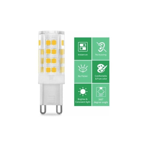 G9 5W LED-pære, 40W tilsvarende, varmhvit 3000k, 220-240V, 360° spredningsvinkel, pakke med 10