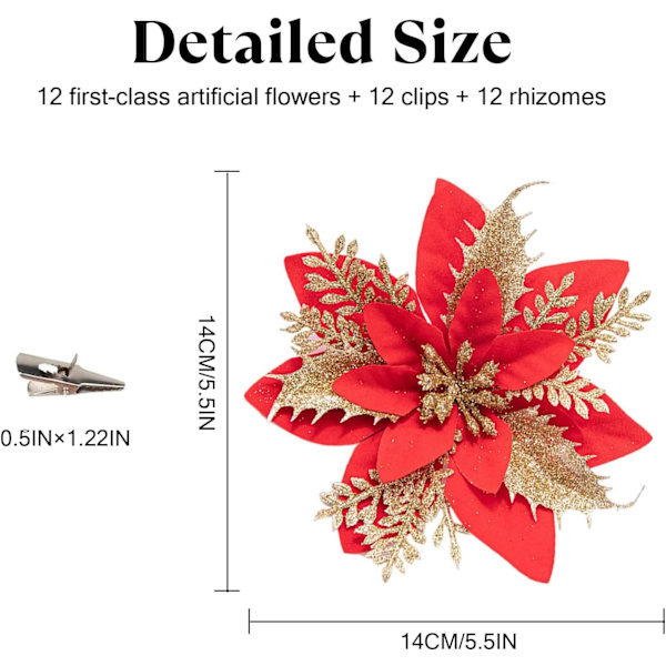 12 st Röd Guld Konstgjorda Julstjärnor, Julblommor för Träddekoration, 14cm