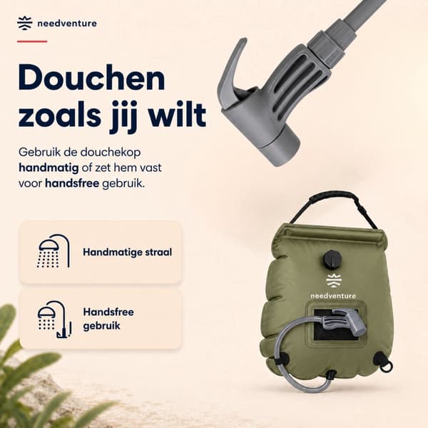 needventure Solarduschpåse 20L med termometer och duschmunstycke, bärbar campingdusch för utomhusbruk, strand, trädgård och vandring, grön