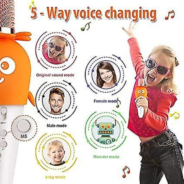 Karaokemikrofon för barn, trådlös Bluetooth mikrofoni barn som sjunger, karaokeutrustning för barn med färgglada lampor vit med blå