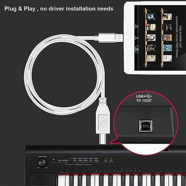 Lightning til Type-B MIDI Keyboard Converter USB 2.0-kabel for iPhone 7 8 X iPad
