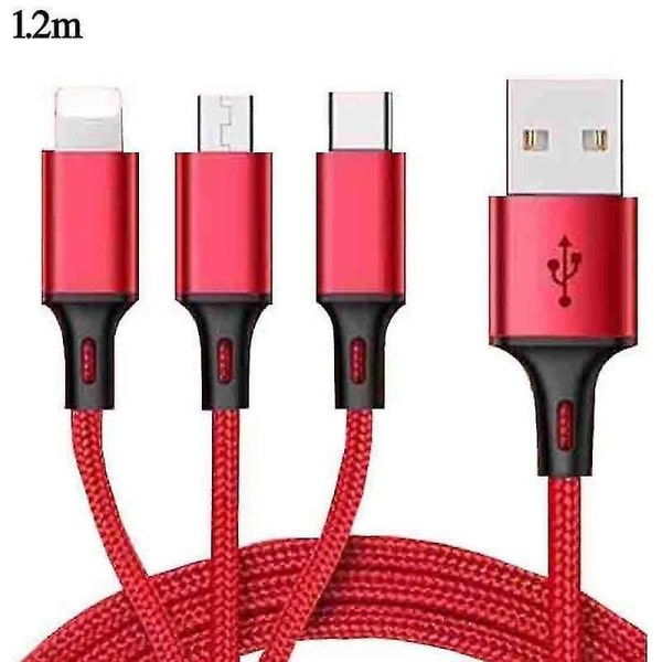 (Röd) Universal 3-i-1 Micro USB -laddare Synkroniseringskabel för laddning av Android-puhelimeen