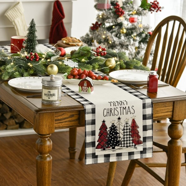 Buffalo pläd julgran god jul bordslöpare, säsongsbetonad vinter lukukausi köksbord dekor