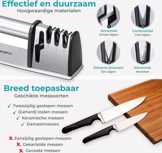 SharpFix 4-i-1 knivslip för köksknivar och saxar, diamant, keramik, volframstål, halkfri bas, svart/silver