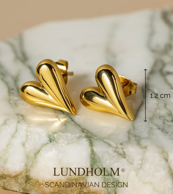 Lundholm Guldfarvede Hjerteøreringe til Kvinder, Premium Hypoallergene Geometriske Hjerteøreringe i Rustfrit Stål 12x14mm med Gaveæske