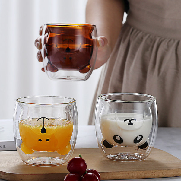 Söta muggar Glas dubbelvägg isolerat glas espressokopp, kaffekopp, tekopp, mjölkkopp (panda)