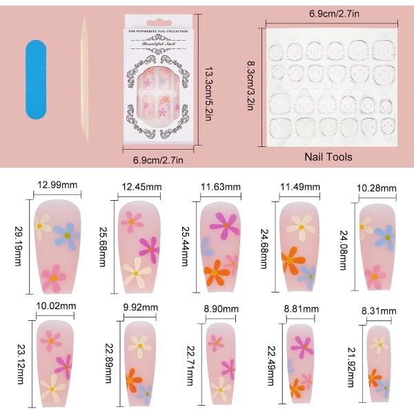 Galaxy 24st Daisy Flower Ballerina lösnaglar, matt nakenrosa kistnaglar med blommönster