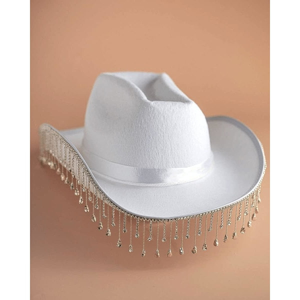 Vit cowboyhatt för kvinnor, med glittrande strassfransar