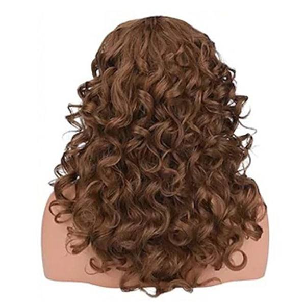 TG Dam Brun Lang Afro Krøllete Parykk Naturlig Hårstykke med Lugg