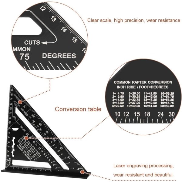 Galaxy 7 tums träbearbetningstriangel, målelinjal av aluminiumlegering (svart) Svart