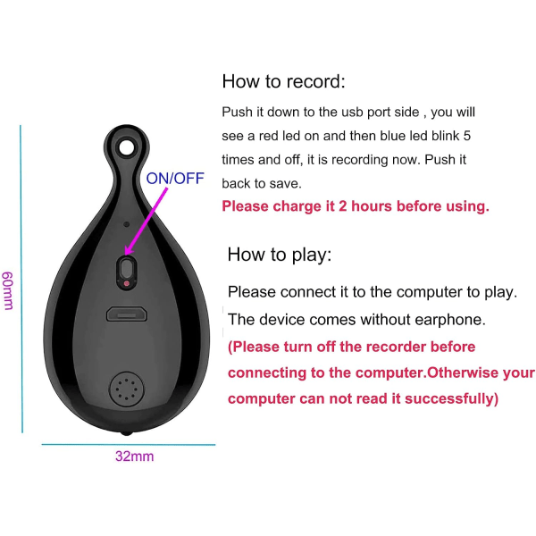 8 Gt digitaalinen diktafon Mini Voice Recorder Kaulakoru Avaimenperä Kynä