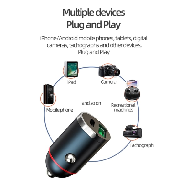 Auton nopea latausadapteri matkapuhelimelle Tablet-Dashcam USB & PD30W/65W Type-C kaksoisporttinen virtalähde Piilotettu auton laturi