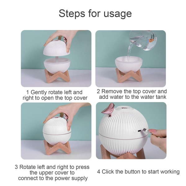 Lark Bird Light Luftfukter Nattlampe med Stativ Kaldt Damp Luftfukter Justerbar Lysstyrke USB Lading Dekorativ