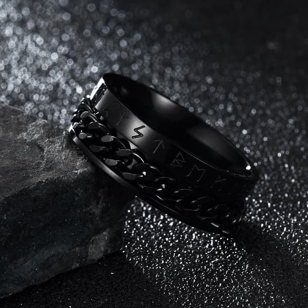 Populær vikingebogstaver rustfrit stål ring kæde titan stål ring ring nordisk stil black Standard size 8