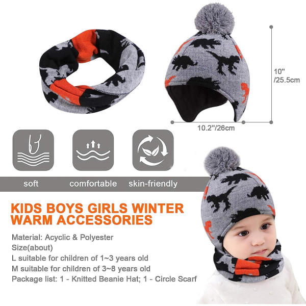 2 i 1 Kids Beanie Rund Skjerfsett, Winter Warm Tjock Fleece Lin