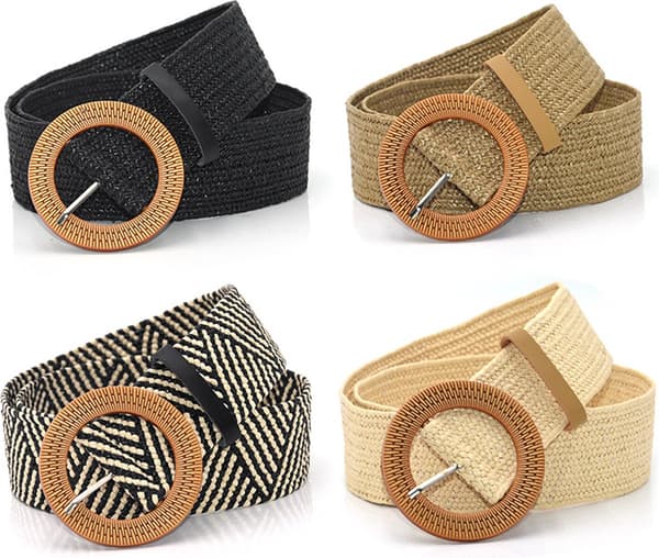 Set med 4 elastiska halmstråbälten, damer Boho midja flätat Bodycon klänningsbälte - brett vävt bälte - beige/svart/brun/randigt - elastiskt runt bälte