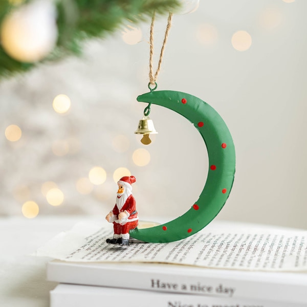 Julgranshänge Dekoration Tecknad Tomte Rensa Snögubbe på Halvmåne Hartshänge med Jingle Bell Juldekoration Vit