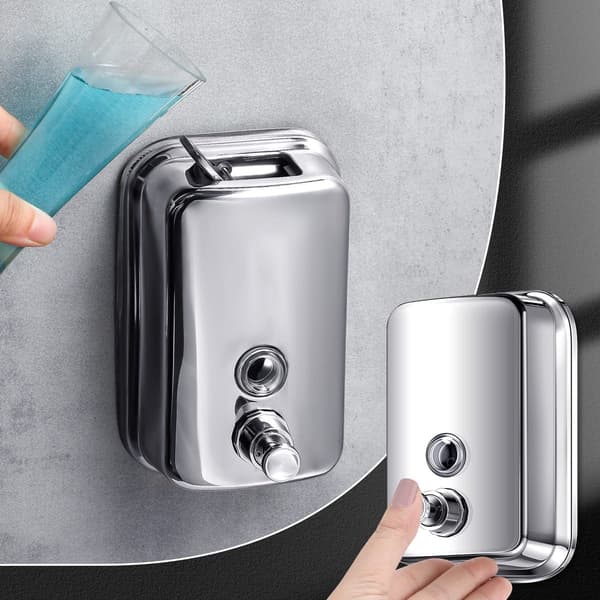 Vægmonteret sæbedispenser i rustfrit stål 800 ml genopfyldelig manuel trykknap flydende sæbedispenser til badeværelse, køkken, hotel, kommerciel brug, sølv