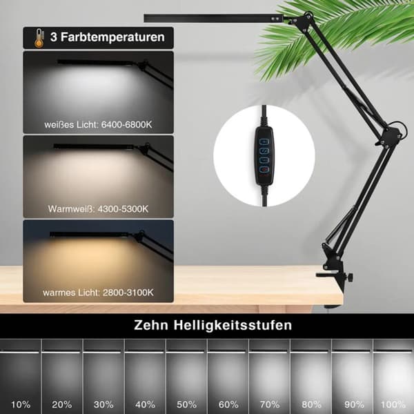 LED Skrivebordslampe Arkitektlampe med Svingarm Øyebeskyttelse Leselampe Dimbar