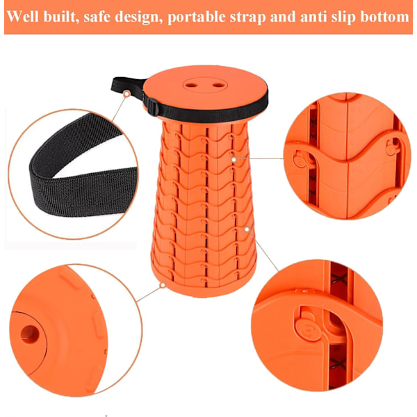 Foldbar teleskopisk skammel, maks. belastning 400 kg, egnet til voksne udendørs fiskeri, vandreture, havearbejde, rejser, grill Orange