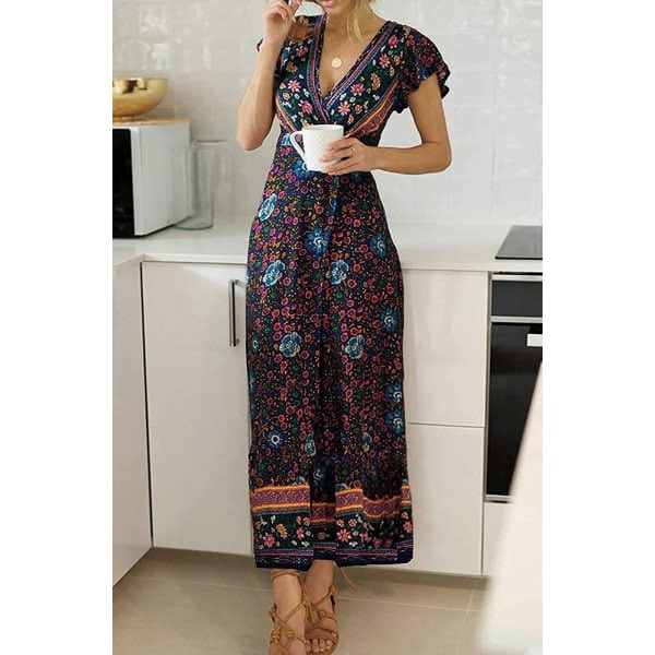 Damer 2023 Boheme Blomsterprint Wrap V-hals Kortærmet Split Beach Party Maxi Kjole