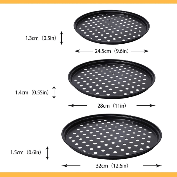 Galaxy 3 stk pizzabrikker, pizzapanner med hull for ovn, non-stick perforert sett, 24,5/28/32 cm