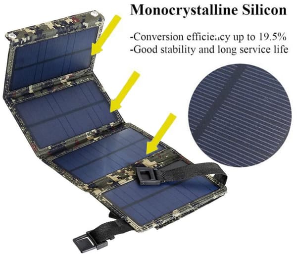 20W utgang USB 5V solcellepanel, sammenleggbar utendørs solcellelader for camping, bobiler, båter, smarttelefoner, bærbare datamaskiner, kamuflasje