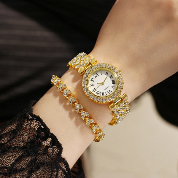 Klocka för kvinnor Stålband Kärleksbälte Strass Kvarts Klocka Mode (guld)