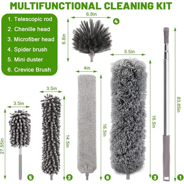 6-pack Telescopic Duster Wolf Head 25-252cm Washable Microfiber Cobweb Brush for Ceilings, Furniture, Blinds-XF10-_yux