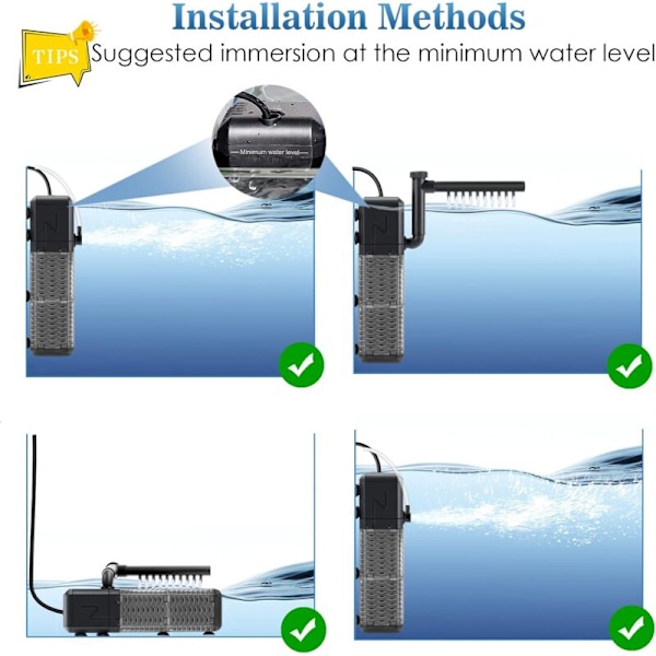 Justerbart Akvariefilter 800L/T Akvariepumpe, Ultra-Støjsvagt Internt Akvariefilter Egnet til Akvarier op til 250L (9W)