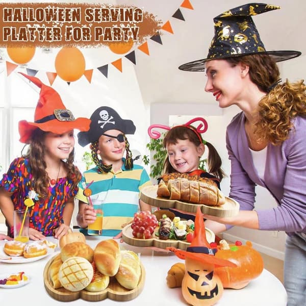 Halloween gresskarformede bambustallerkener, gjenbrukbare serveringsfat for barnefester, snacks og desserter, 2-pakning, 20 cm