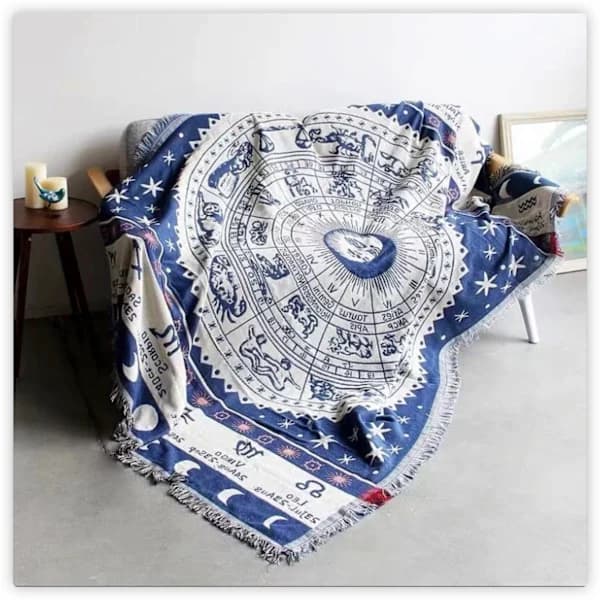 Jacquardvevd pledd Sol Måne Mønster Retro Sofatrekk Sofa Sengepynt Blå 90x150cm Blue 90x150cm