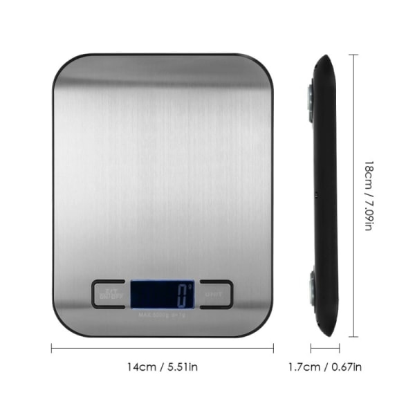 Digitaalinen keittiövaaka, ensiluokkainen ruoka-vaaka ruostumattomasta teräksestä, punnitsee grammoina ja unsseina leivontaan ja ruoanlaittoon 5 kg/1 g