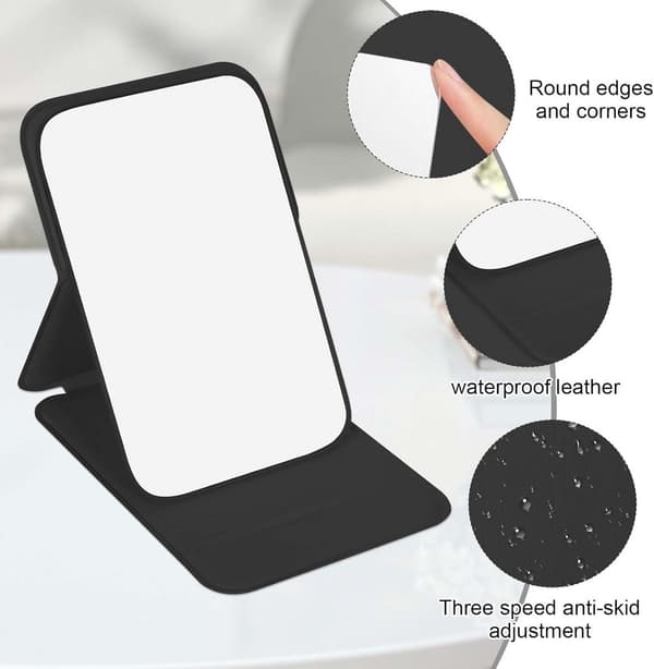 Sammenklappeligt makeupspejl med PU-lædercover, bærbart kompakt rejsespejl med justerbart stativ, 11 x 7 cm, sort