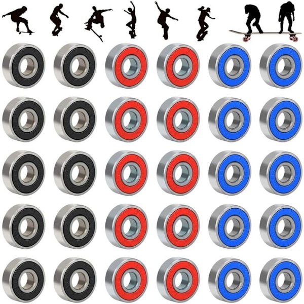 30 stk. 608RS Lejer, Friktionsfrie Kuglelejer i Kulstofstål til Skateboard, Longboard, Miniature Scooter, Rulleskøjter, ABEC-9, Sort, Rød, Blå, 2287mm