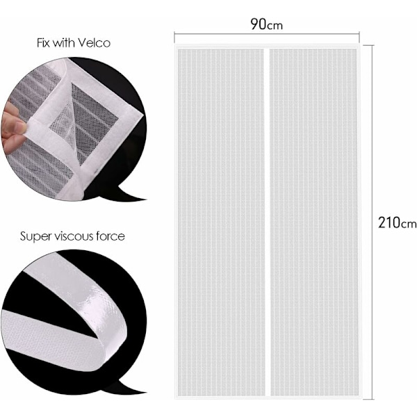 Magnetisk Dørgardin 90x210cm Anti Fluegardin Selvklæbende Strimmel Automatisk Lukning Ultra Finmasket Værktøjsfri Installation Nem for Børn og Kæledyr, Hvid