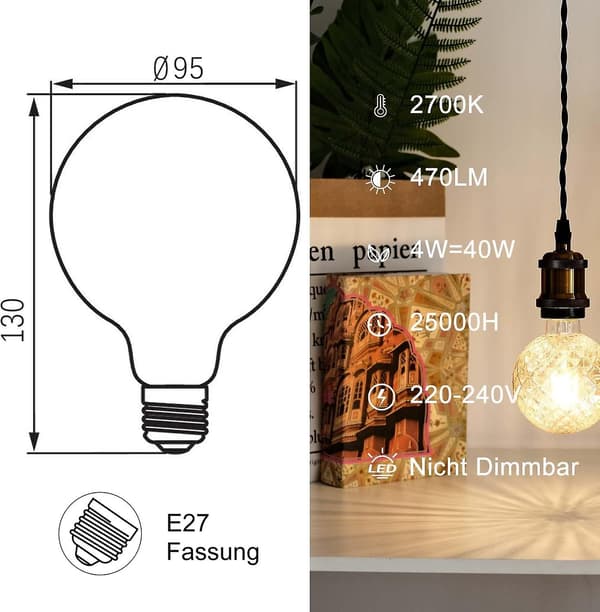 Vinterkampagne, E27, E27 4w LED-pære, retro glødepære, ideel til nostalgisk og retrobelysning, varm hvid, G95