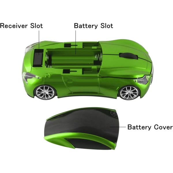 Kylmä urheiluautotyylinen 2,4 GHz langaton hiiri Optinen langaton hiiri USB-vastaanottimella PC-kannettavalle tietokoneelle Vihreä