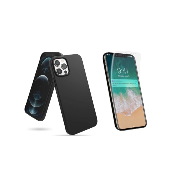 TG iPhone 12 Pro Max - Mattamusta Silikonikuori & Pehmeä Näytönsuoja