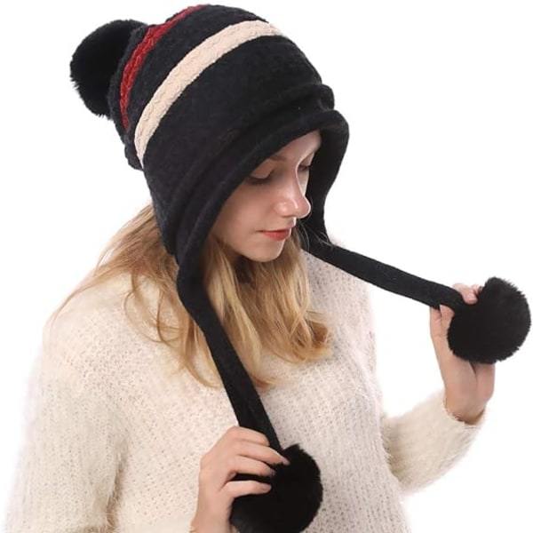 Strikket hue med pompom øreklapper vinter til kvinder
