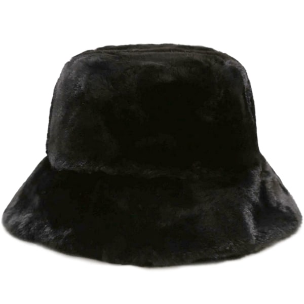 Galaxy Plysch fiskehatt for kvinner, vintermössa, fluffig buckethatt, varm fiskehatt (svart) Black