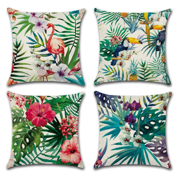 Hemdekorativa kuddfodral Flamingomönster och tropiska blomblad Bomullslinne Kuddfodral 18 X 18 tum, 4-pack