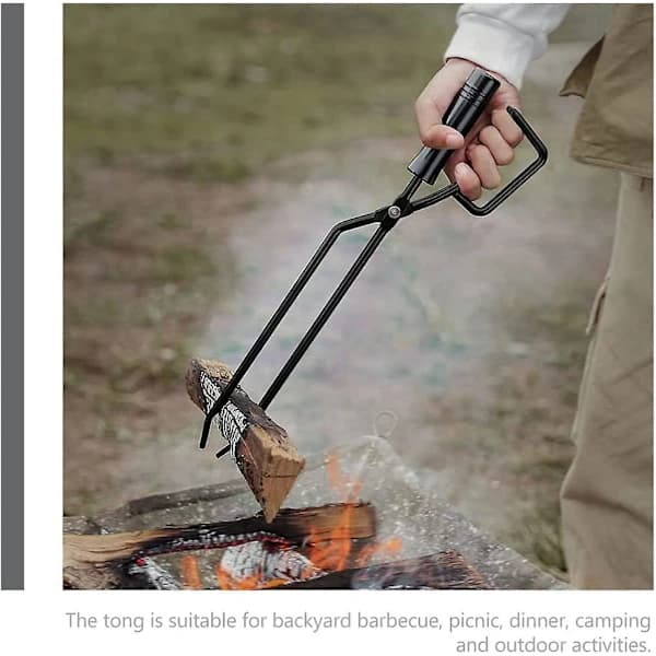 Pejsetang i rustfrit stål med træhåndtag til camping, grill, bålsted, brændeovn, sort 40 cm