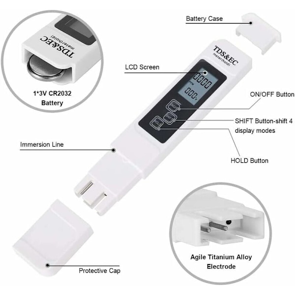 3-in-1 TDS-mittari pH-mittari Uima-altaan vedenlaadun testausjohtavuusmittari LCD-näytöllä, korkea tarkkuus ja automaattinen kalibrointitoiminto