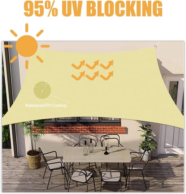 2 x 3m Rektangulært Solsejl, Vandtæt Polyester, UV-resistent, D-ringe i Rustfrit Stål, 4 Reb, Have Terrasse Pool, Beige