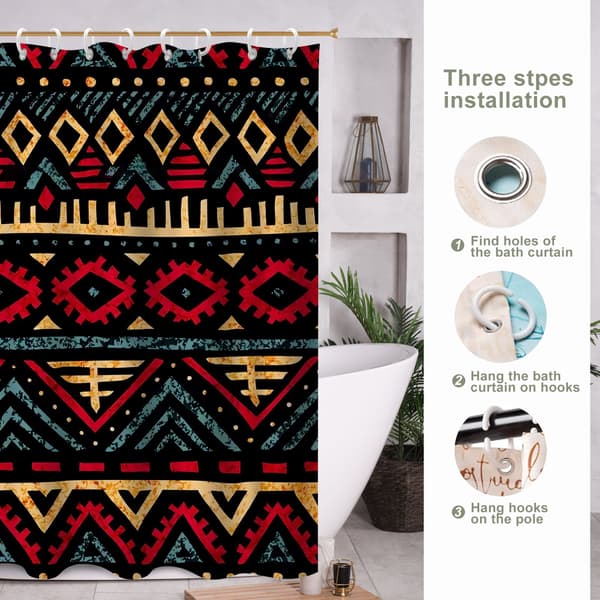 Polyester Badeforhæng med Rustfrie Øjer, 180x180cm Vaskbart Boho Print Badeforhæng til Lejlighed 180x180cm